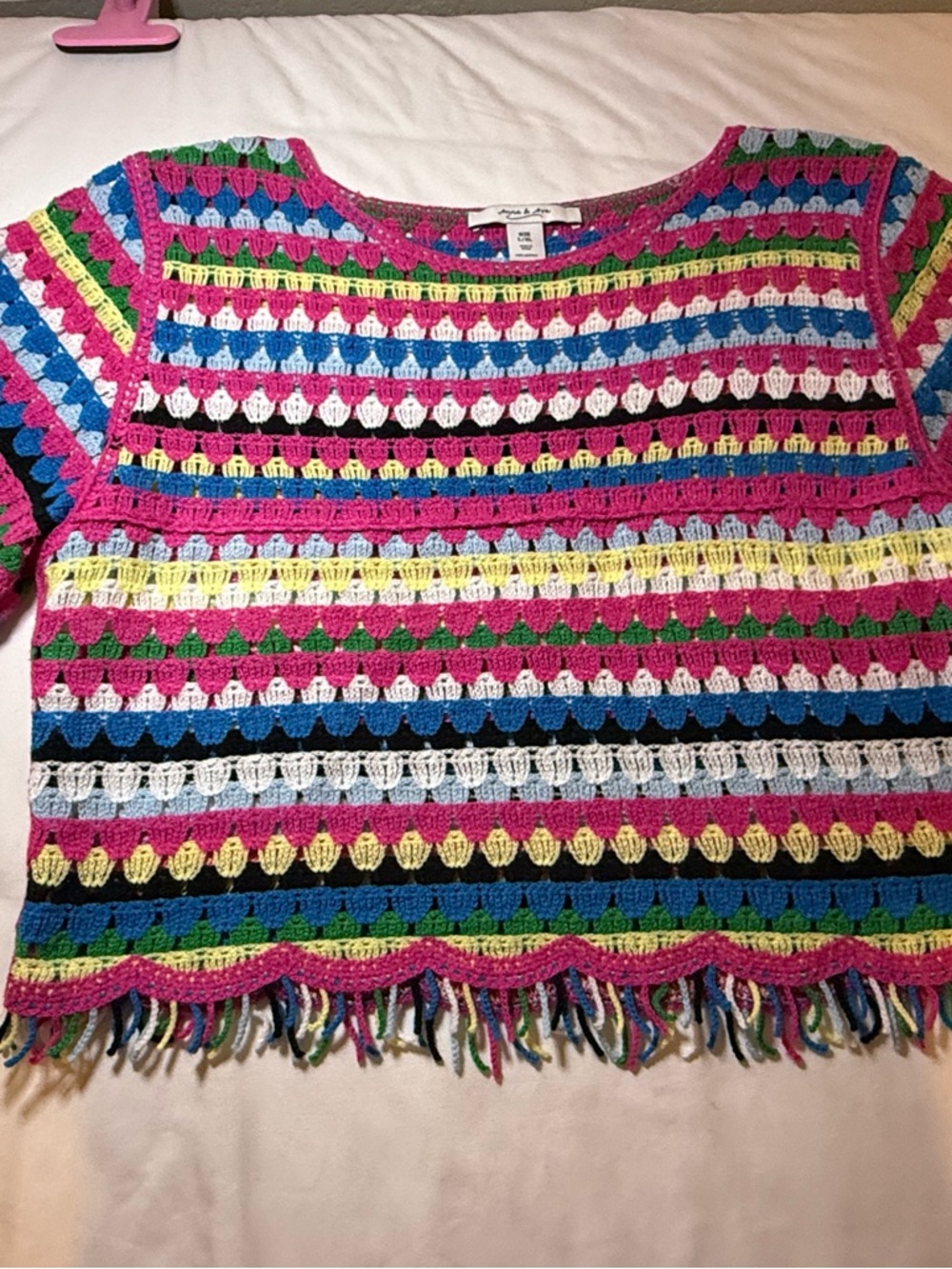 Anna & Ava Bright Multicolor Crochet Top with Fringe Stripes